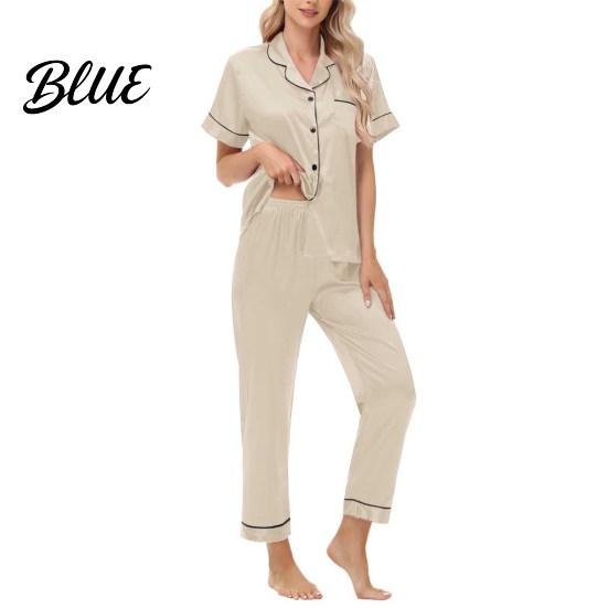 Front Button V-neck Pajamas 2 Pcs/Set Suit Satin Single-breasted Ice Silk Plus Size Cardigan Shirt V Elastic Band Pajama Bottoms Neck Notch