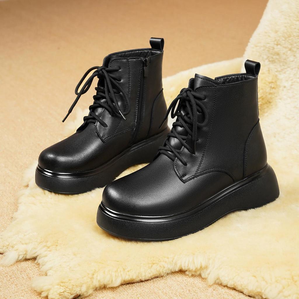 2025 H/W Damen Britischer Stil Echtleder Martin Stiefeletten mit dicken Sohlen, Retro-Fleece-Futter und Woll-Zehenschutz für Schnee