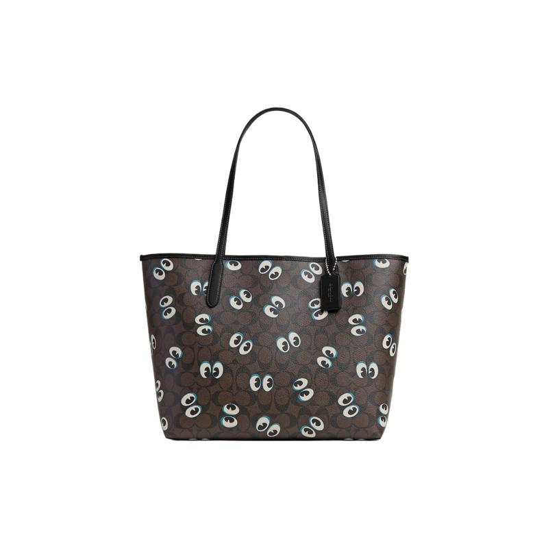 

COACH shoulder bag City 33 Classic Presbyopia Halloween Eye Print Snap Canvas with Leather Tote Tote Shopping Handbag Large Size Women s Silver чорний