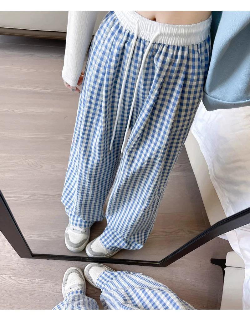 Song Zhengen Women’s High Waist Light Blue Plaid Wide-Leg Summer Pants