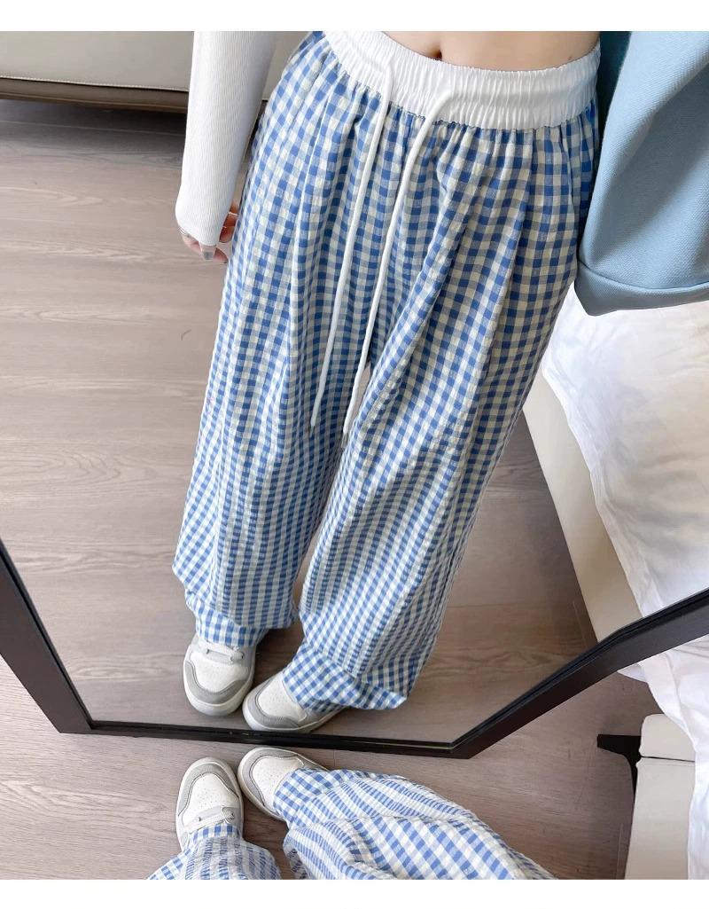 

Женские летние брюки Song Zhengen с высокой талией, светло-голубые в клетку, с широкими штанинами L (106-115kg)