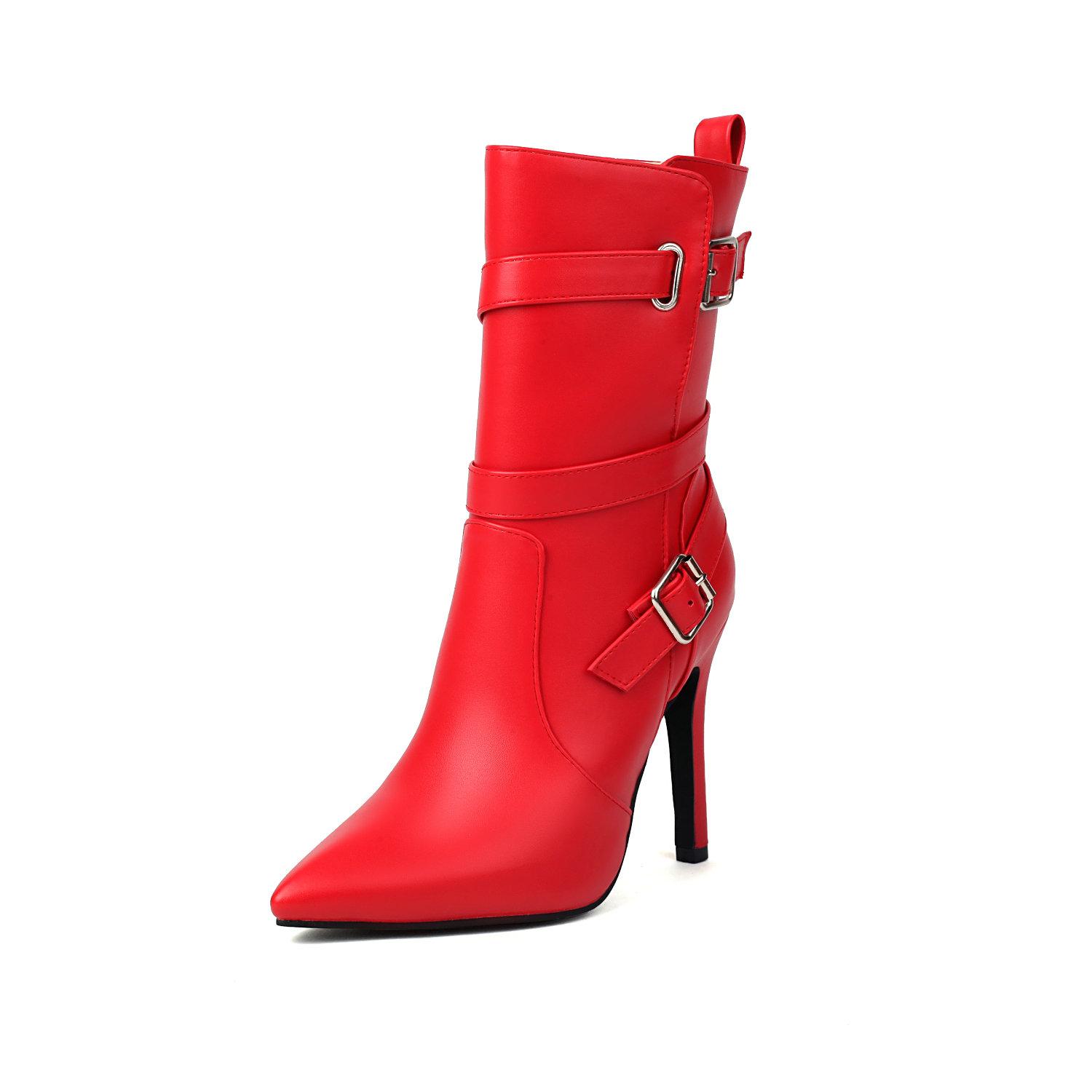 

Французские женские ботильоны Сексуальный острый носок Шпилька Пряжки ремня Тонкий высокий каблук Обувь 48 красный