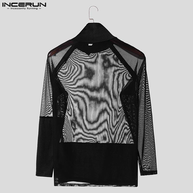 INCERUN Men High Neck Long Sleeve Mesh Sheer Stitching Party Clubwear Tops