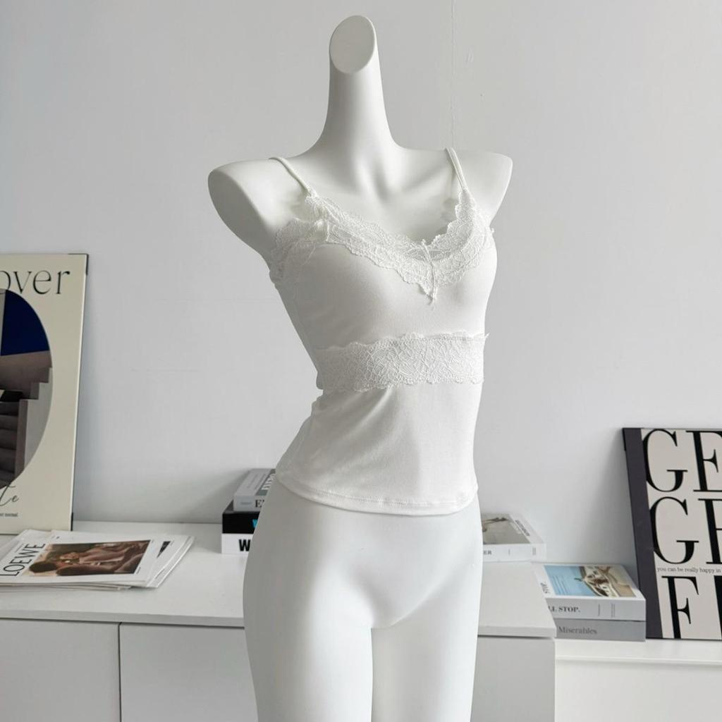 Elegant White V-Neck Lace Camisole with Chest Pad for Women