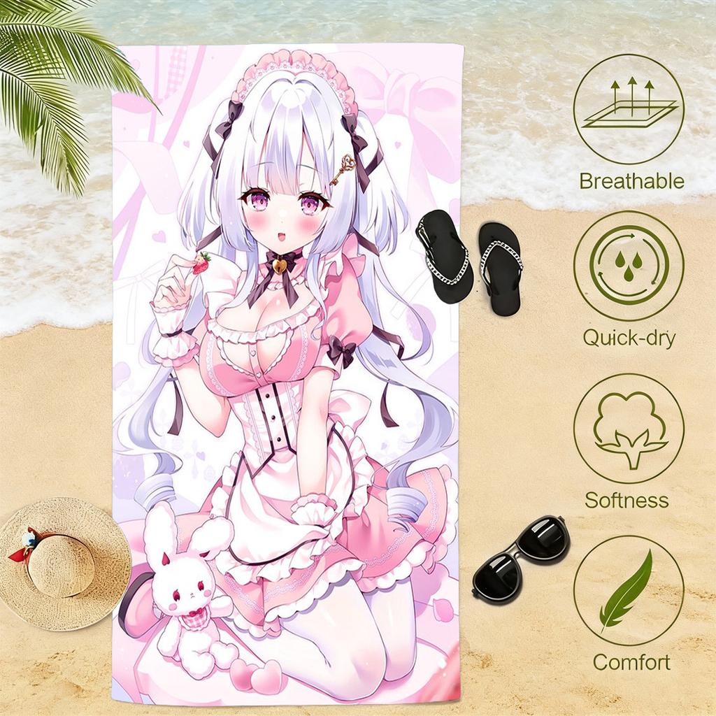 1Pc Cute Pink Anime Maid Girl Printed Beach Towel Quick Dry Sand Free Soft Microfiber Bath Towel For Kawaii Girls Swimming Pool
