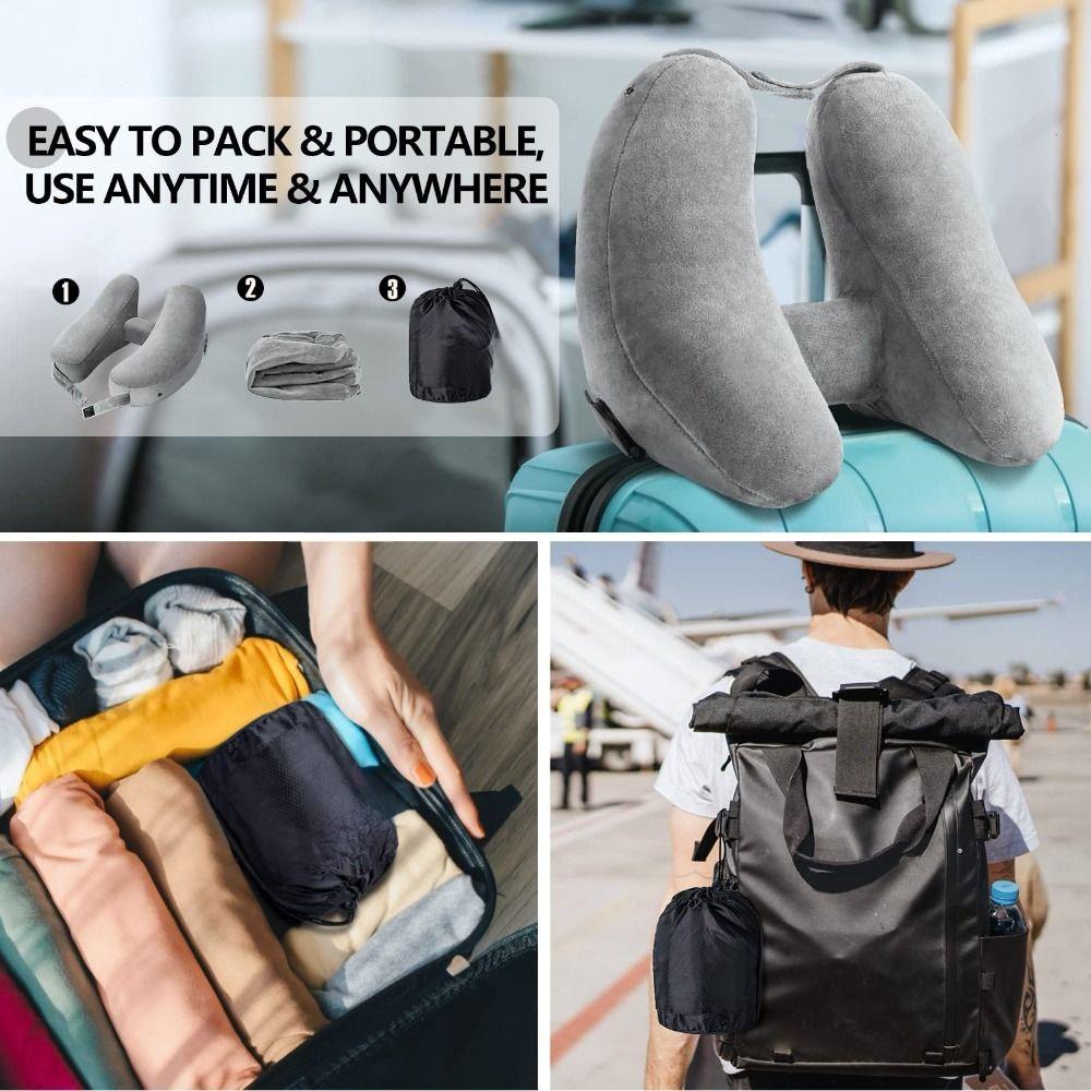 Massage Feature Inflatable Neck Pillow Soft Velour Cover Neck Support Pillow  Outdoor Travel