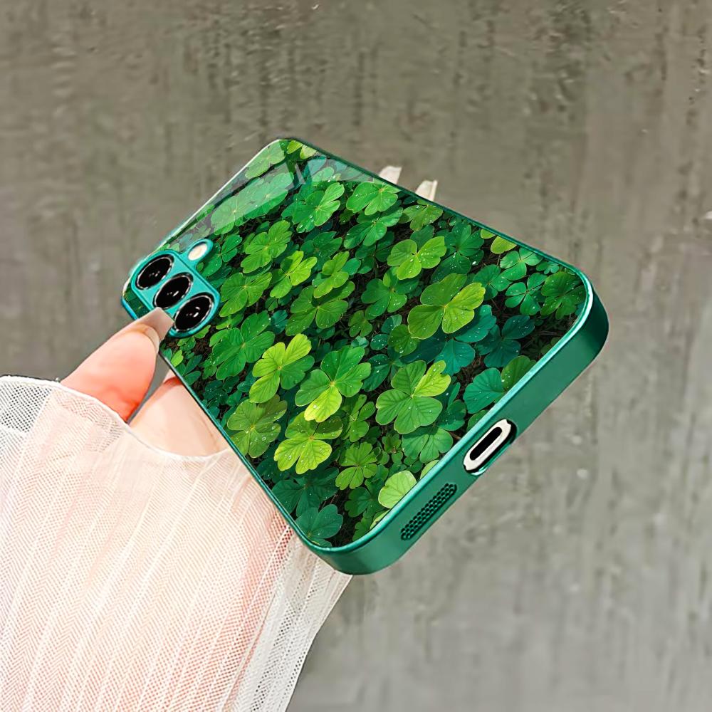 Scenery Four-leaf Clover Glass PhoneCase for Samsung Galaxy S26 S25 S24 S23 S22 S21 FE Ultra Plus Built-in Glass Green Exquisite