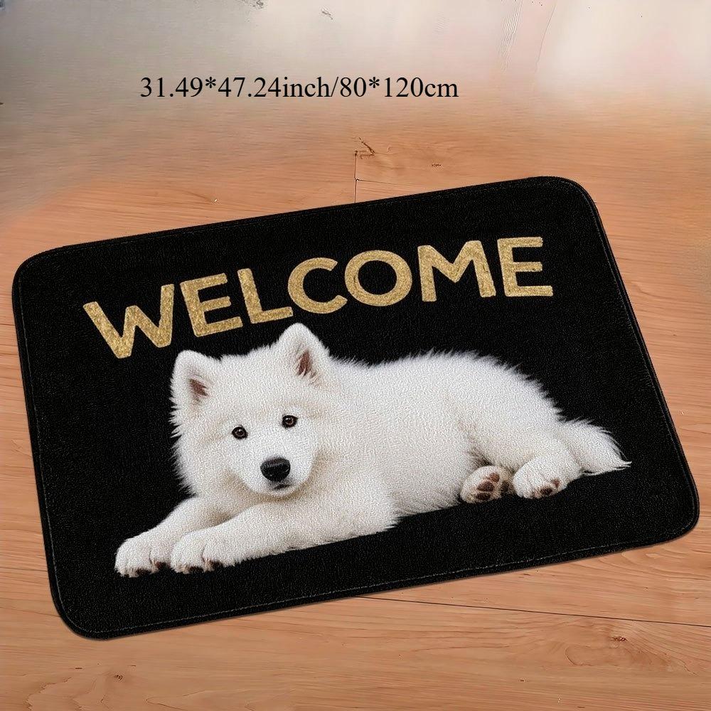 1 Stück Flanell-Fußmatte, Außen- und Innen-Willkommensmatte für die Haustür, Samojeden-Hund-Souvenir und Weihnachtsgeschenk, mit süßem Welpen und WELCO