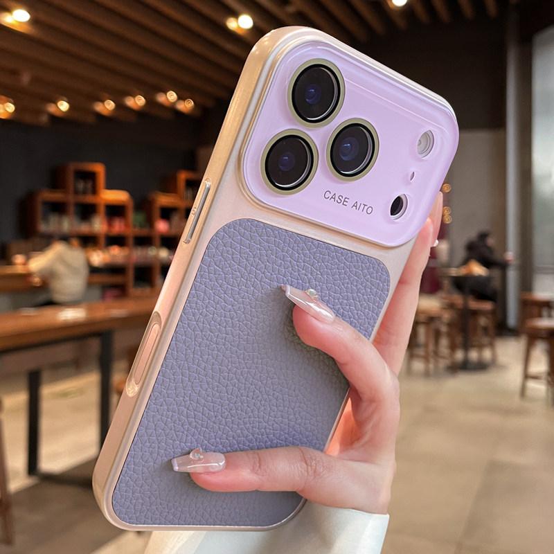 Crystal Large Window Lychee Leather Case for iPhone 17 16 15 14 13 Pro Max 17Pro Shockproof Armor Soft Bumper Cover Skin