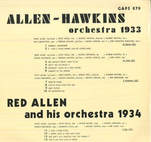 

LP Record ALLEN HAWKINS ORCHESTRA RED ALLEN Allen Hawkins Orchestra 1933 Red GASP070 GAPS Italy Jazz Used