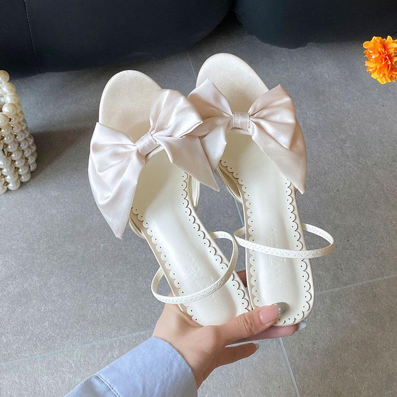 

Fashion Fashion Butterfly-Knot Ladies Thin Heels Sandals Shoes Female Round Toe Footwear Elegant Women Heeled Sandals Slides Shoes 35 бежевый
