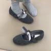 Bow flat bottom black velvet gray one-pedal light mouth single shoes Mary Jane shoes women's fluffy shoes velvet autumn and winter