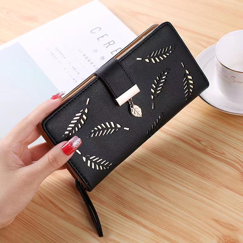 2023 New Ladies Wallet Hollow Leaf Pattern Pu Leather Zipper Closure Long Card Holder