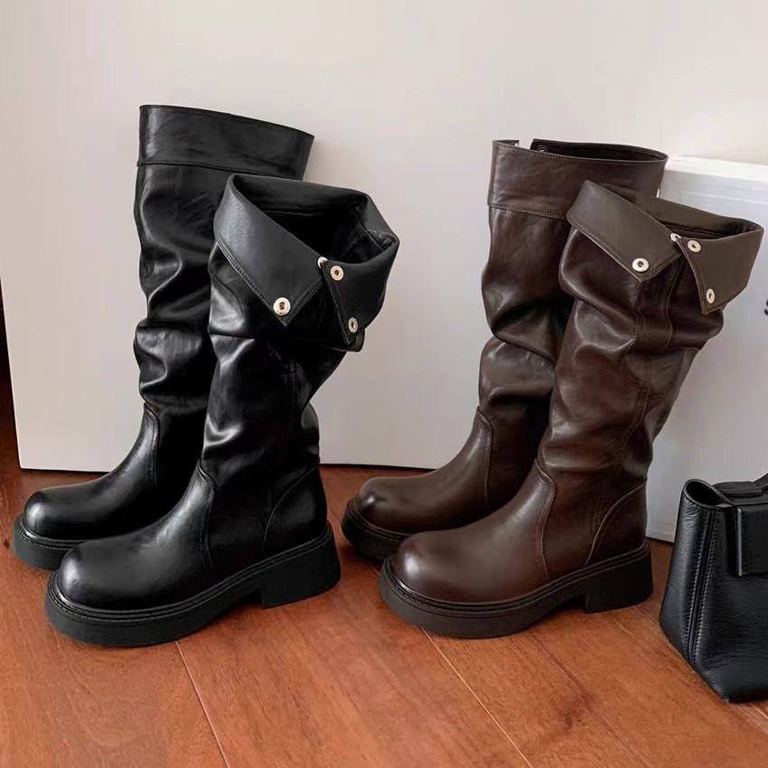 New Spot Pre-sale~ New Wasteland Wind-pleated Piling Boots Can Be Folded for Two Wears, Long Boots Thick Heel Thick Sole High Tube