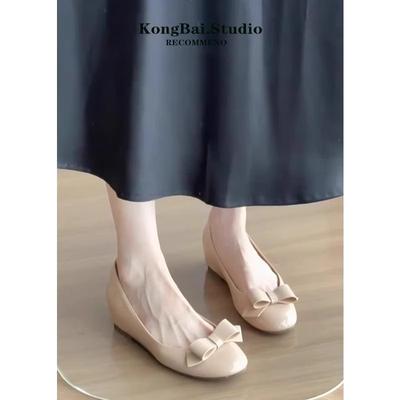 Small Inner Height Increase Retro Ballet Shoes Women's New Bow Light Mouth Nude Single Shoes