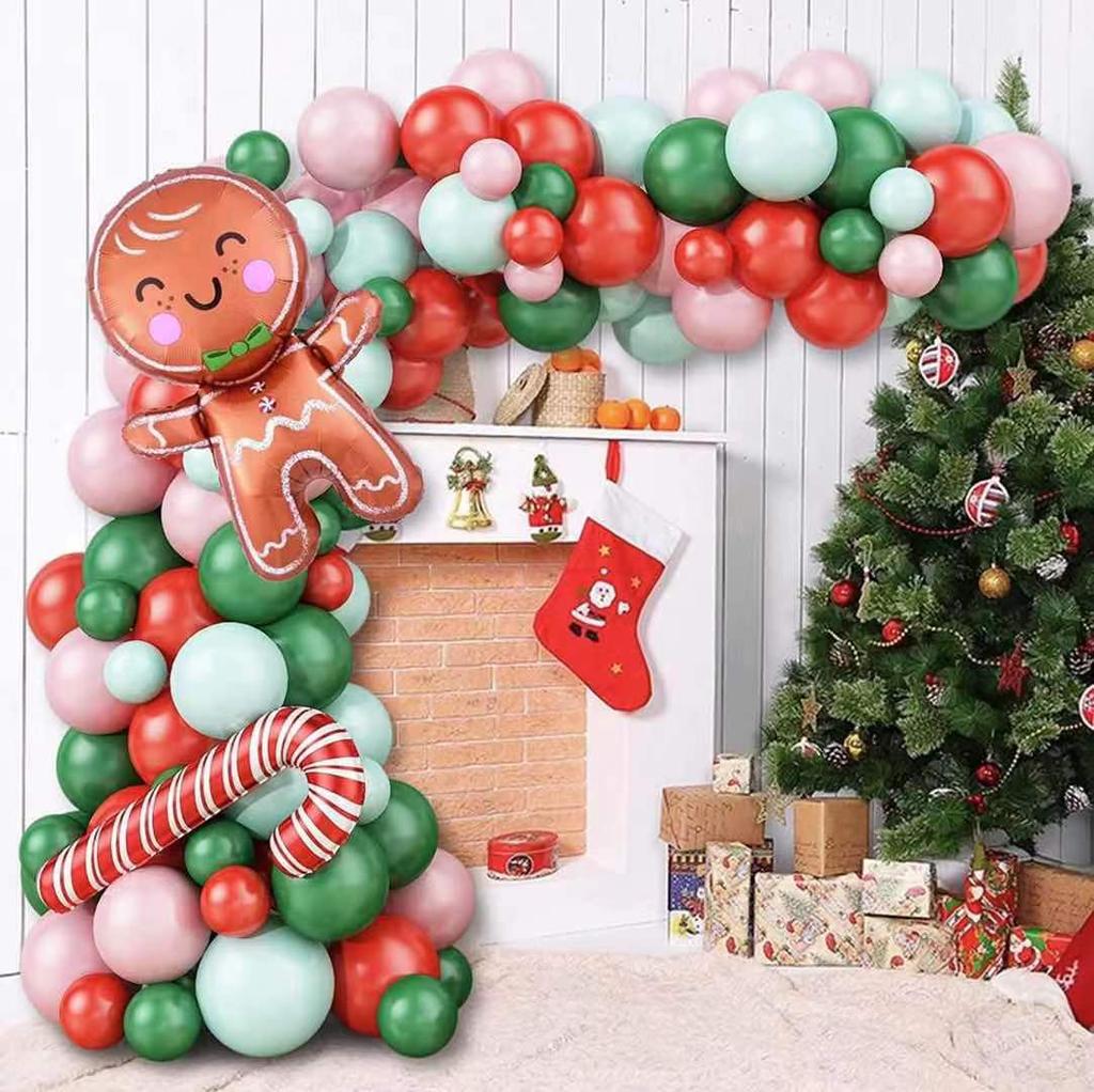 Christmas Gingerbread Man Candy Cane Lollipop Red Green Metal Latex Balloon Chain Set