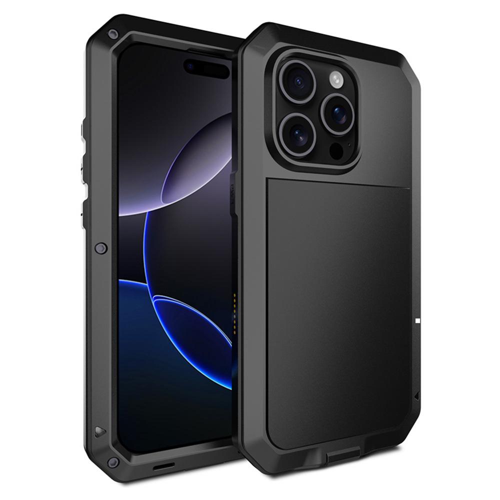 

For iPhone 16 Pro Max Case Silicone+Metal Phone Cover with Tempered Glass Screen Protector Black