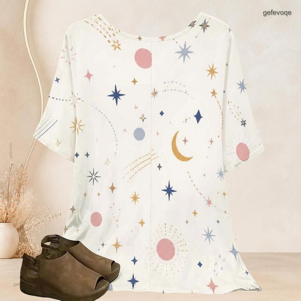 Women Plus Size Batwing Short Sleeve Top Round Neck Moon Star Night Sky Print Loose Casual Tunic Blouse
