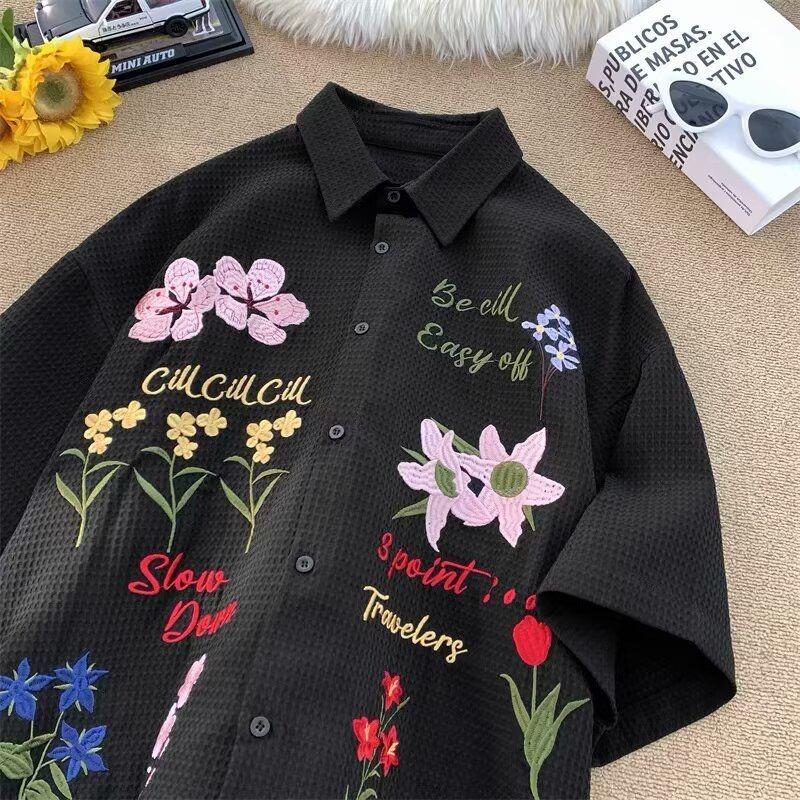 Kolorowa koszula damska z haftem kwiatowym, koszule z krótkim rękawem, luźne casualowe, letni damski oddychający top zapinany na jeden guzik