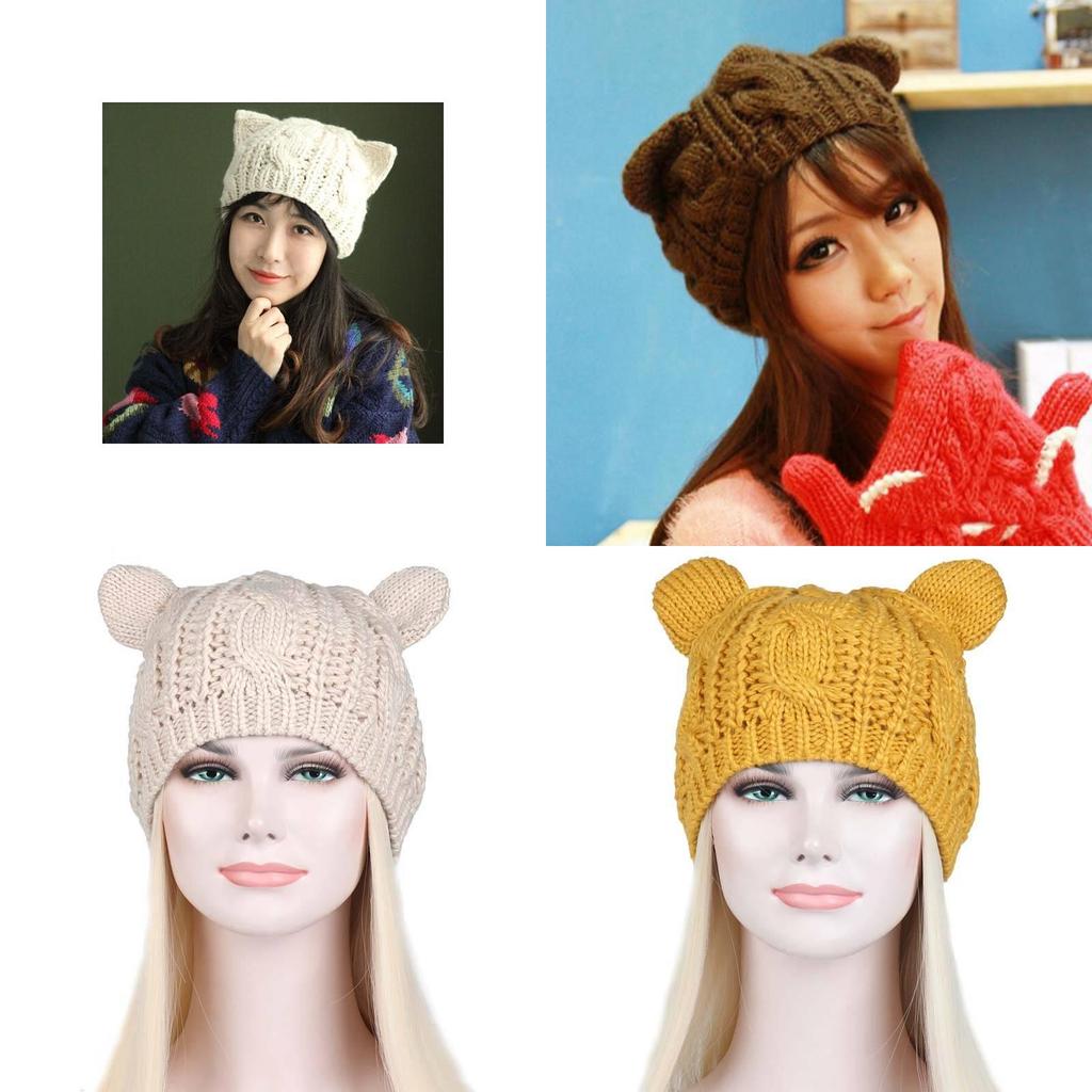 Adorable Cat Ear Knit Beret Cozy Warm Icelandic Wool Winter Hat For Women