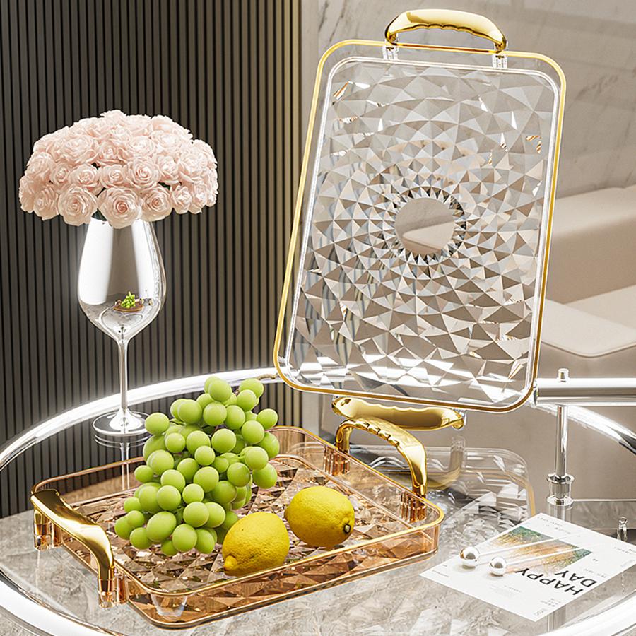 Clear Plastic Storage Tray Large Capacity Dessert Fruit Tray Plate Double Handle Jewelry Decorative Tray Home Kitchen Organizer