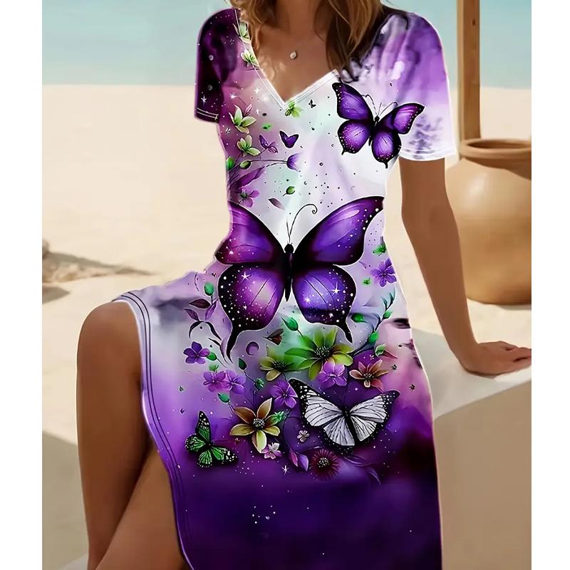 

Летняя мода Женское платье с V-образным вырезом и короткими рукавами Ретро с принтом бабочек Сексуальное короткое платье-юбка 8XL фиолетовый
