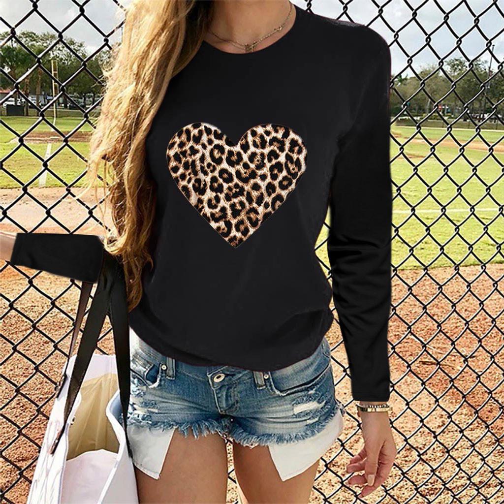 Women Casual Long Sleeve  Leopard Print Heart-shaped Top