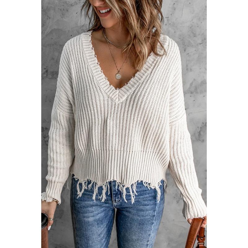 Autumn and Winter Fashion New Style Gray Cotton V-neck Long-sleeved Tassel Ripped Sweater, Casual Loose Blue Ladies Pullover Sweater  Top AL6101