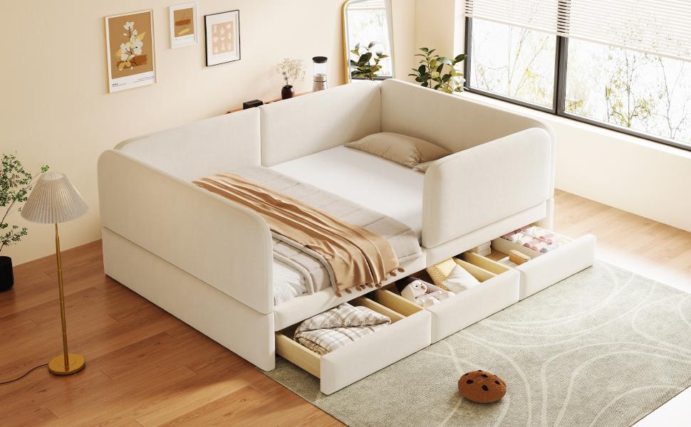 Letto imbottito per bambini 140 x 200 cm con protezione perimetrale e angoli arrotondati, con cassetto contenitore, tessuto in velluto beige (Senza materasso)