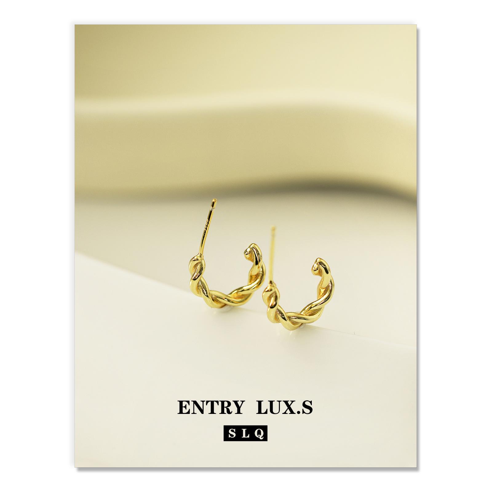 

925 Silver Twisted C-Shaped Hoop Earrings: Retro Hong Kong Style with a Luxurious Touch 925 Silver золотой