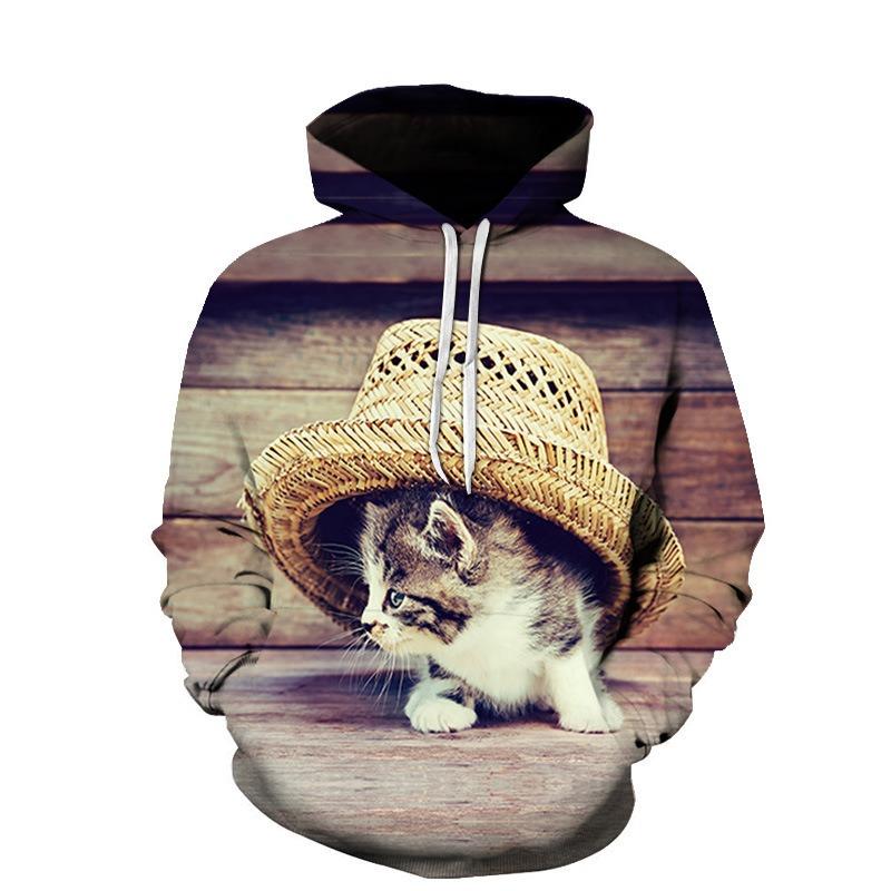 Autumn 3D Cute Cat Printed Hoodies Fashionable Casual Sports Long Sleeved Men's Hooded Sweatshirts