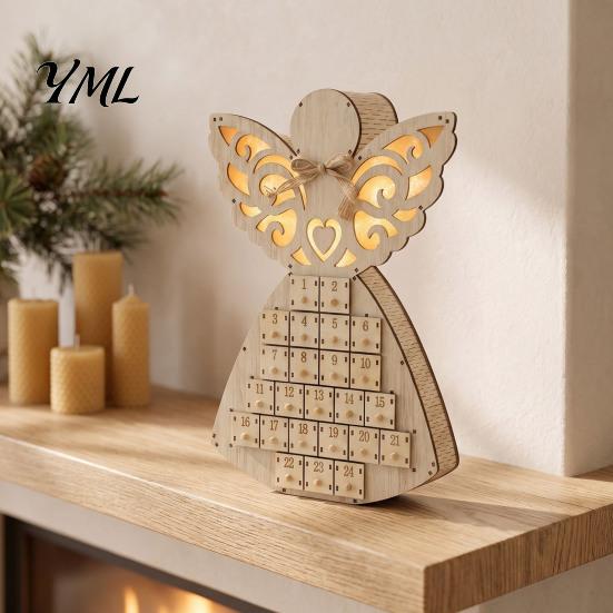 Wooden Advent Calendar with Drawers Angel Christmas 24 Storage Drawers, Countdown Organizer to Tabletop Decoration for Winter Holiday Party Favors