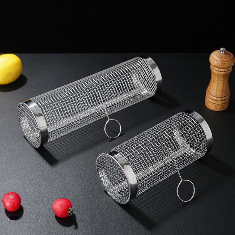 304 Stainless Steel Rotating BBQ Grill Basket - Portable Outdoor Smoker Cage with Mesh Tumbler Design