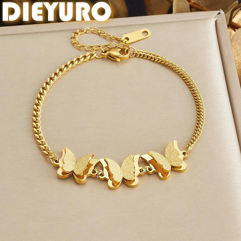 DIEYURO Golden Fashion Frosted Three-dimensional Butterfly Bracelet Lady Stainless Steel Waterproof Hand Chain Jewelry Gift