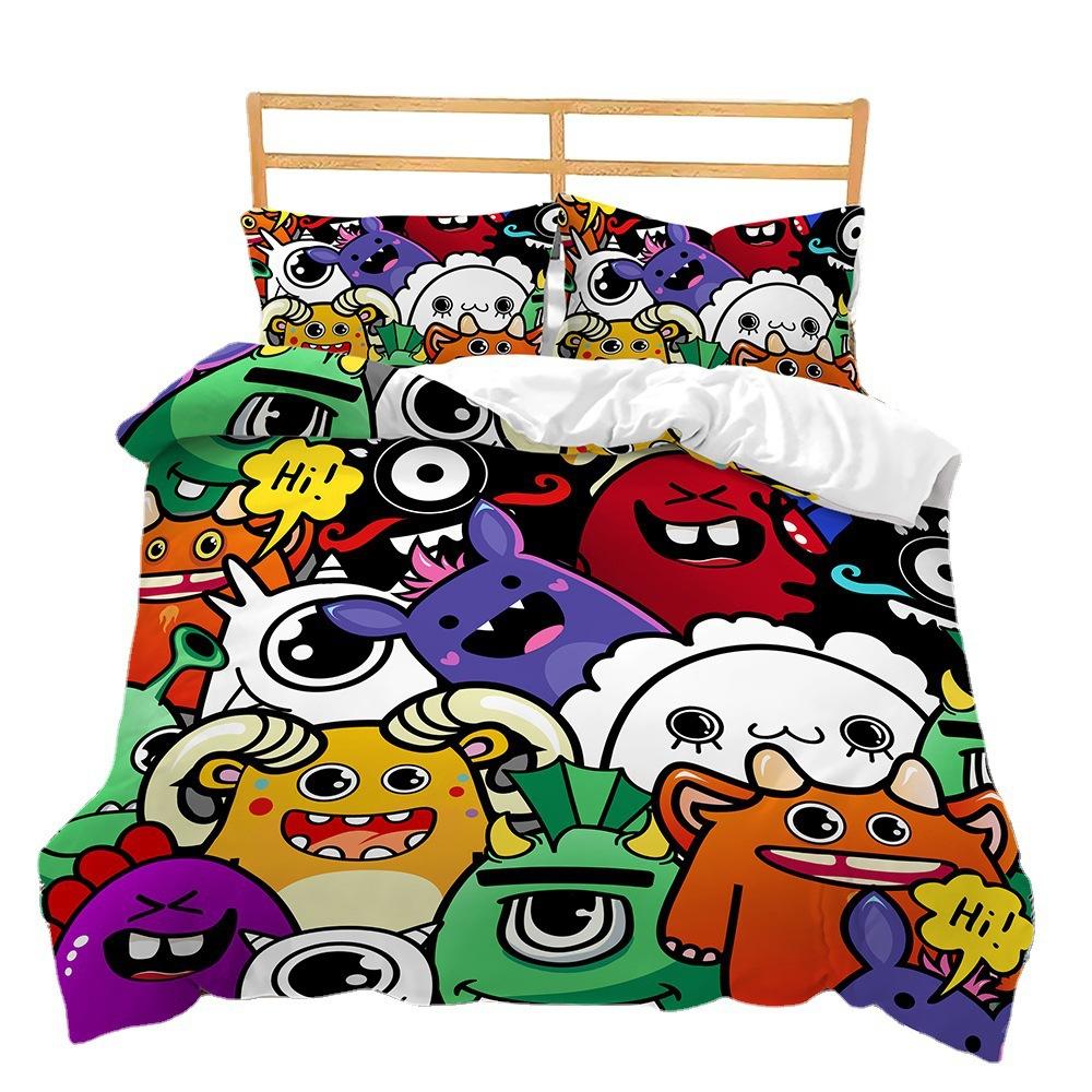 Kit Cartoon Graffiti Monster 3D Digital Printing Bed Three-Piece Set