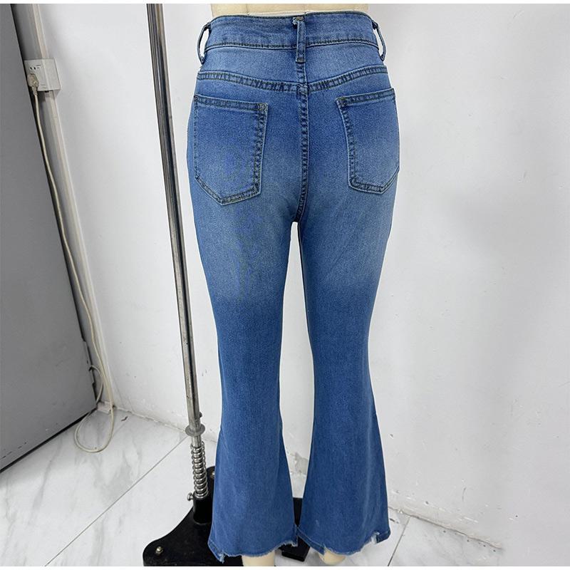 Women Jeans Bleached High Waist Flare Jean Zipper Fly Vintage Washed Loose Fit Denim Full Length Pants Pockets Basics Solid Color