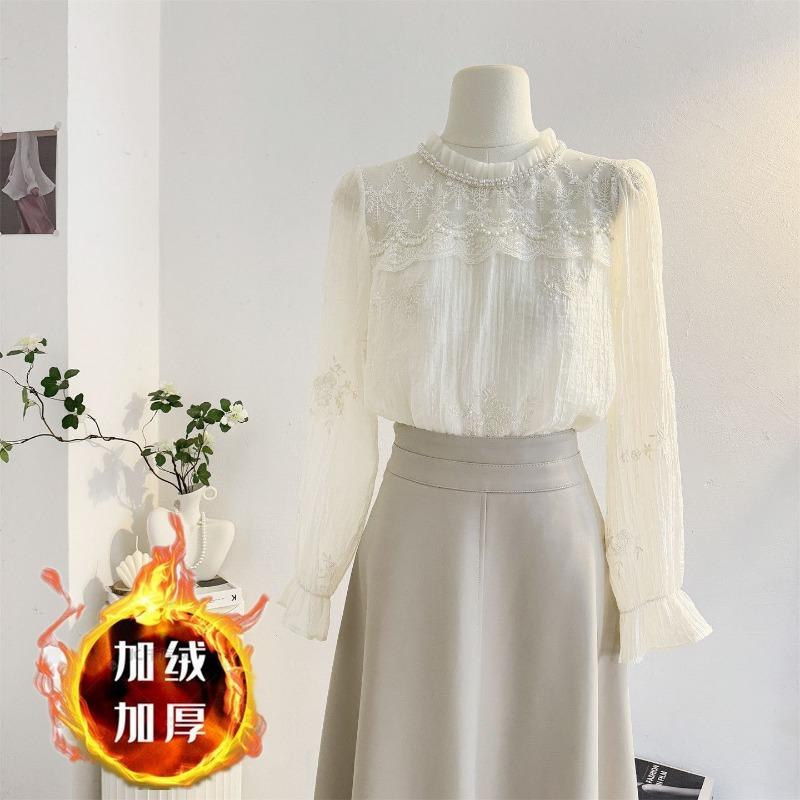 

Кружевная рубашка женская стиль пуловер с длинным рукавом однотонная модная повседневная блузка S абрикосовый