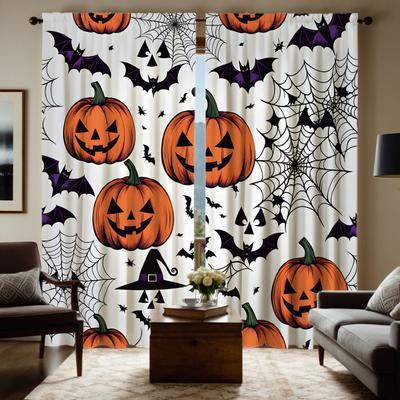 2pcs HD Halloween Jack-o '-lantern Spider Web Bat Curtain White Tie Digital Printed Curtain Home Decor Style Decorate Living