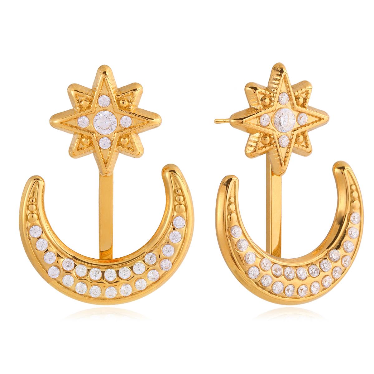 

High Quality Shiny Cubic Zirconia Star Moon Stud Earrings Stainless Steel Versatile Popular PVD Waterproof Jewelry золотистый