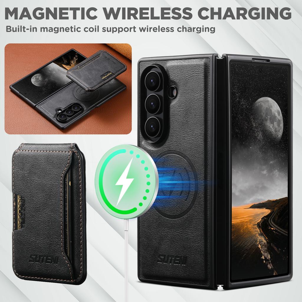 SUTENI M3 For Samsung Galaxy Z Fold7 5G Magnetic Case Cowhide Texture Leather Back Cover with Card Bag Kickstand
