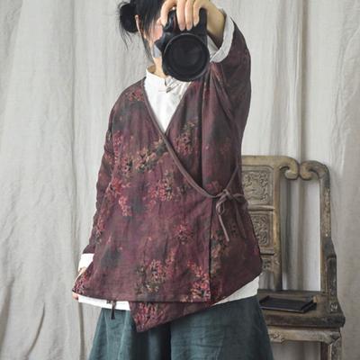 Women Vintage Print Floral Shirts Tops V-Neck Long Sleeve Blouses Spring Chinese Style Bandage Women Shirts