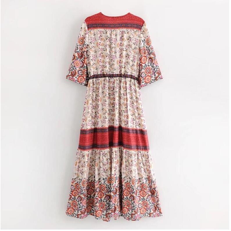 GMXIA Summer Spring Bohemian Patchwork Maxi Single-breasted Cardigan Vintage Dress