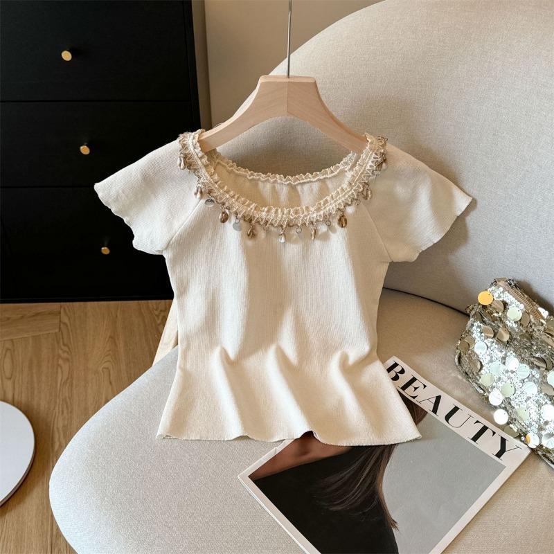 

Летняя Милая Футболка С Открытыми Плечами Женская Мода Милый Уникальный Красивый Топ 4XL бежевый