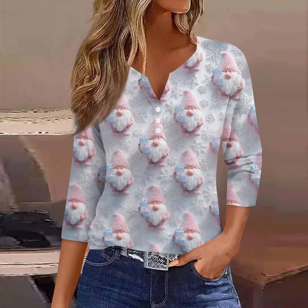 Women's Fashion Casual Christmas Print V-Neck Short Sleeve Decorative Button Three-quarter Sleeve T-shirt Top