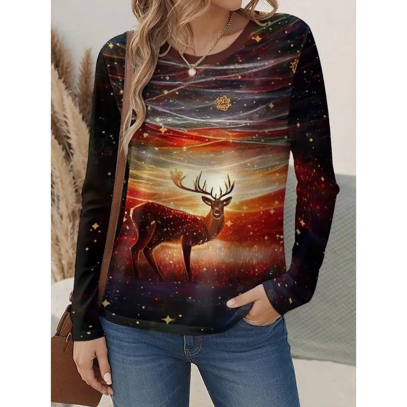 Women's Autumn 3D Animal Snowflake Print Crew Neck Long Sleeve T-Shirt