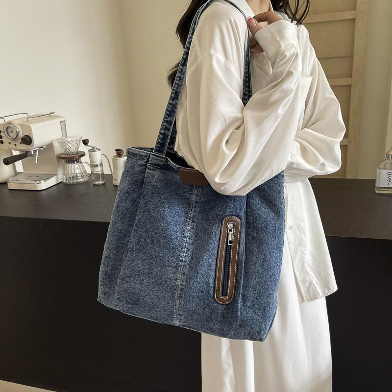 Damen-Umhängetasche mit großem Fassungsvermögen, Denim-Einkaufstasche, Schultasche