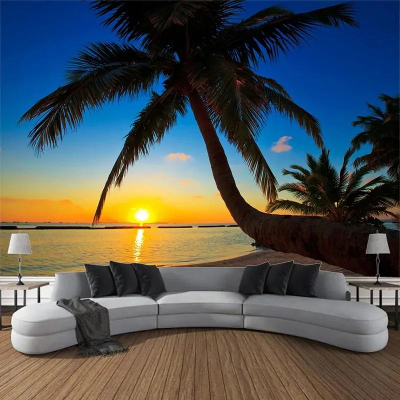 Кокосовая пальма Пляж Закат Узор Гобелен Украшение стены Дома Гобелен Спальня Гостиная Гобелен 150x130cm