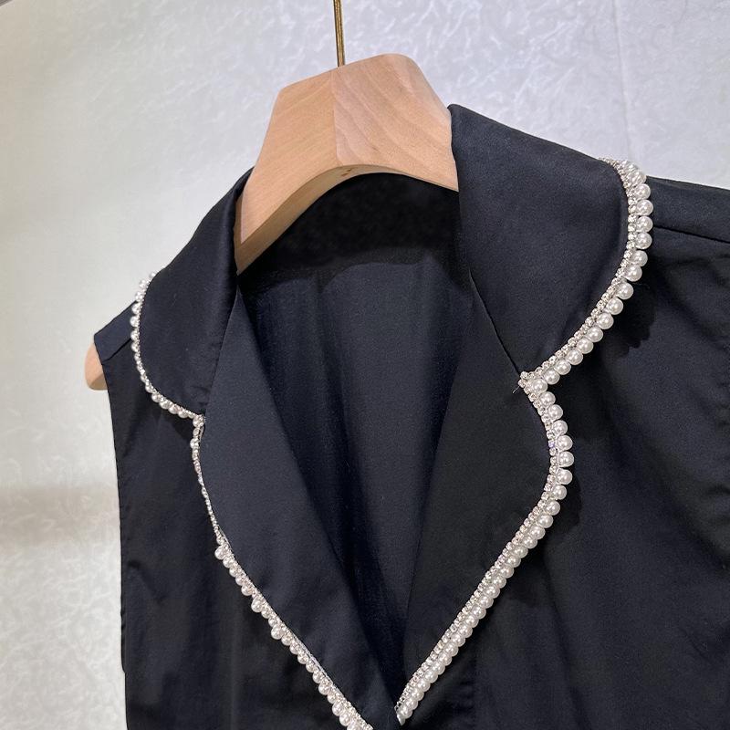 Black Hepburn Style Pearl Trim Vest & High Waist Skirt Set