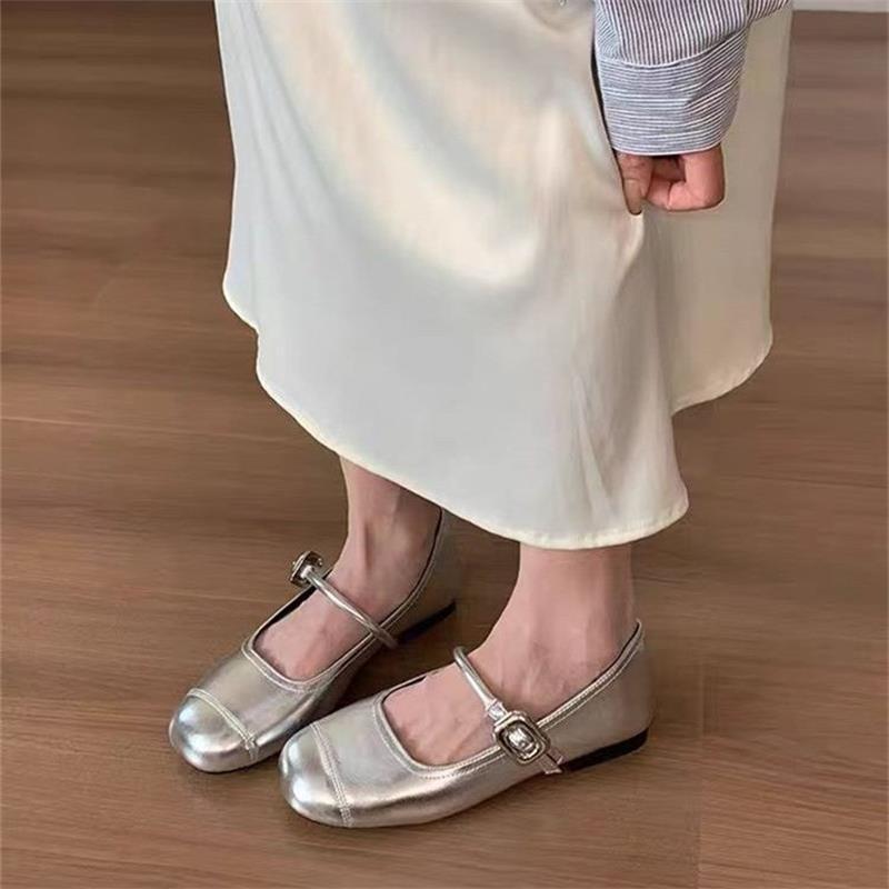 Flat Silver Single Shoes Women's New Spring and Autumn Mary Jane Small Leather Shoes Doudou Shoes Gentle Evening Shoes