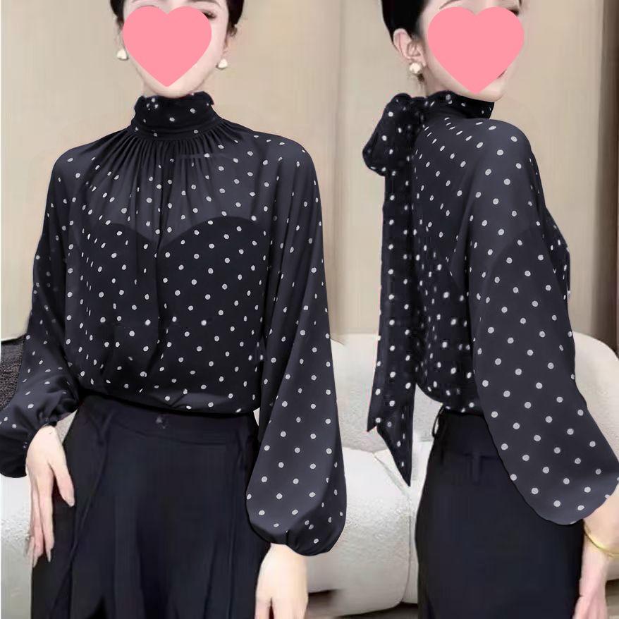 Damen-Oberteil im französischen Stil mit weiten Ärmeln und Pünktchen: Neue Sommer/Herbst Mode, Nischen Design, Elegant & Vielseitig.